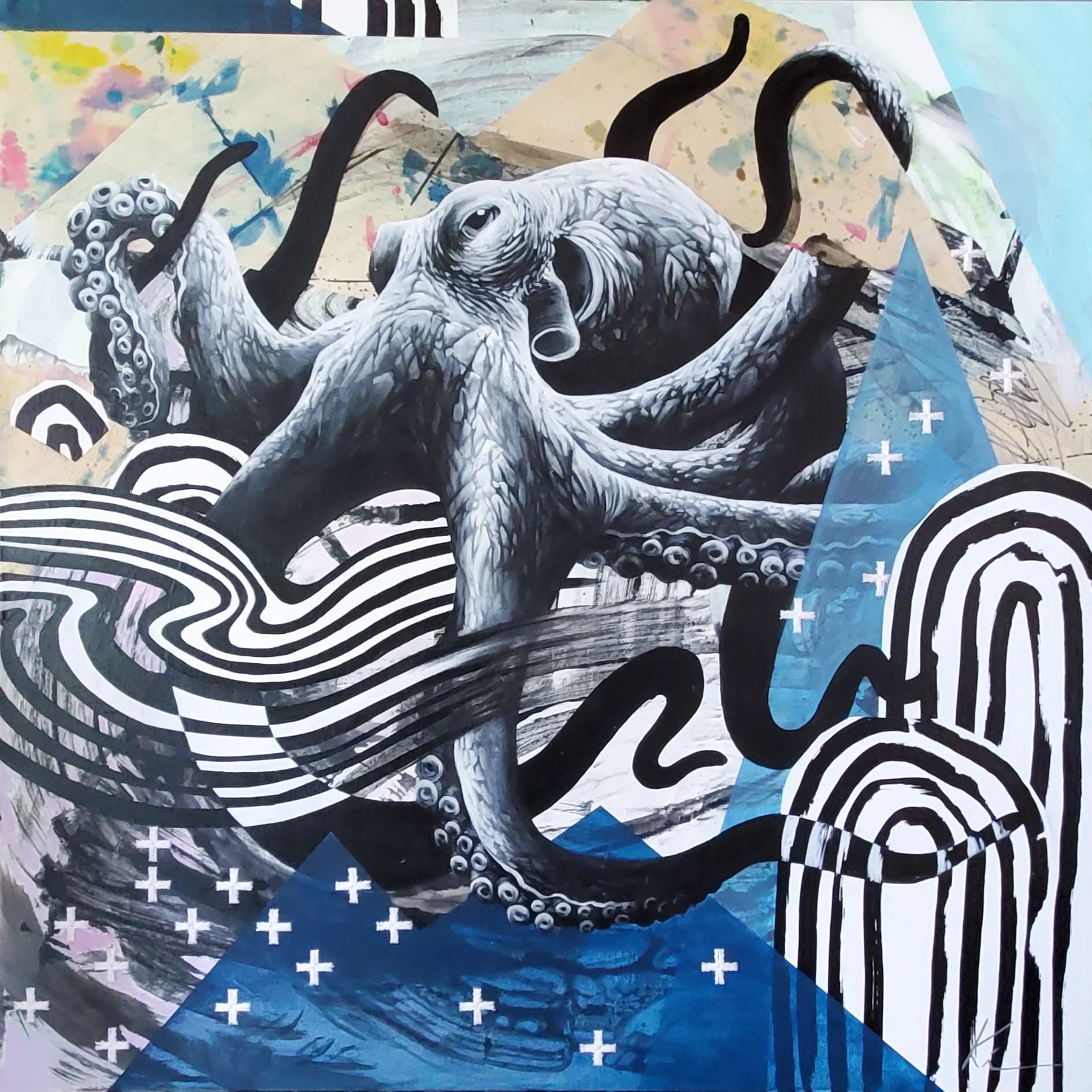 Peinture pieuvre bleu et arc en clien monochrome ki artiste