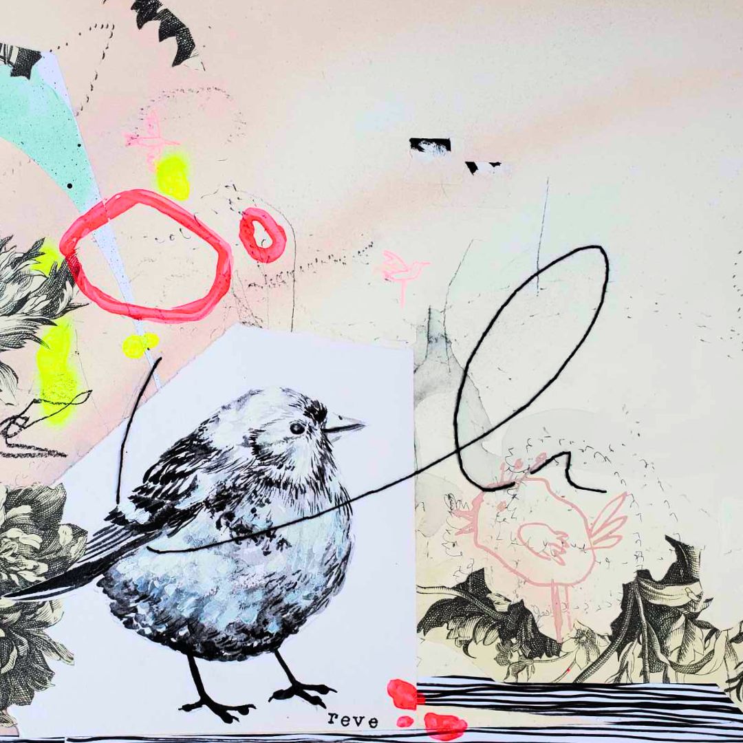 Oeuvre papier collé avec petit oiseau peint à la main - ki artiste