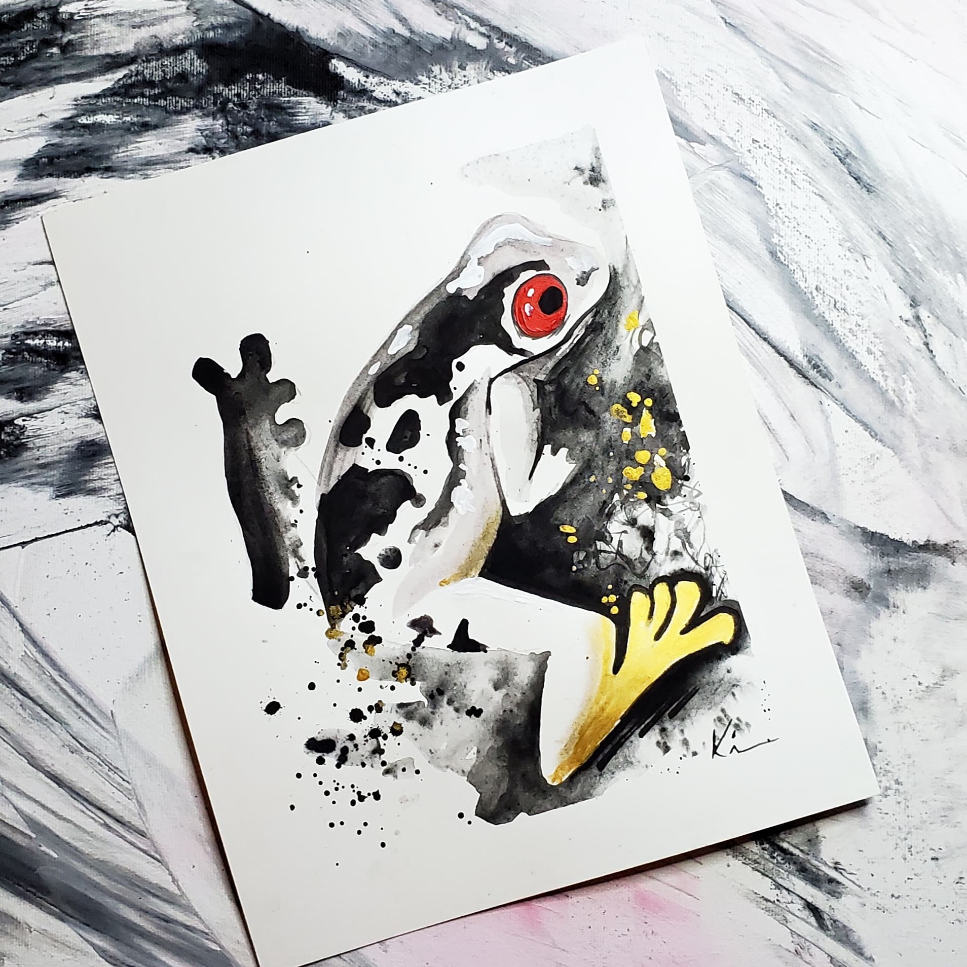grenouille peinte à la main à l'encre de chine noire - ki artiste peintre - oeuvre sur papier