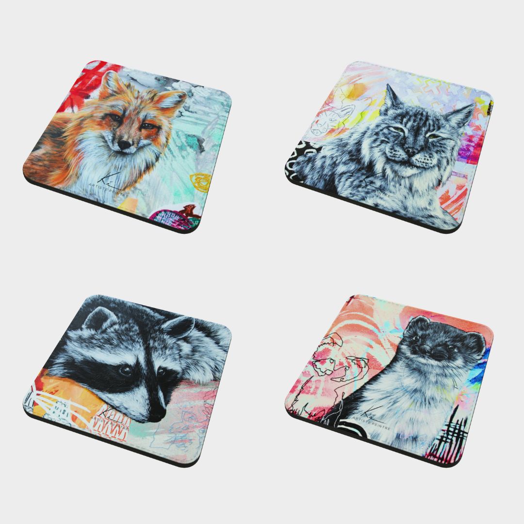 Sous-verres artistiques en lot de 4 – Animaux à plumes & Animaux poilus | Édition limitée