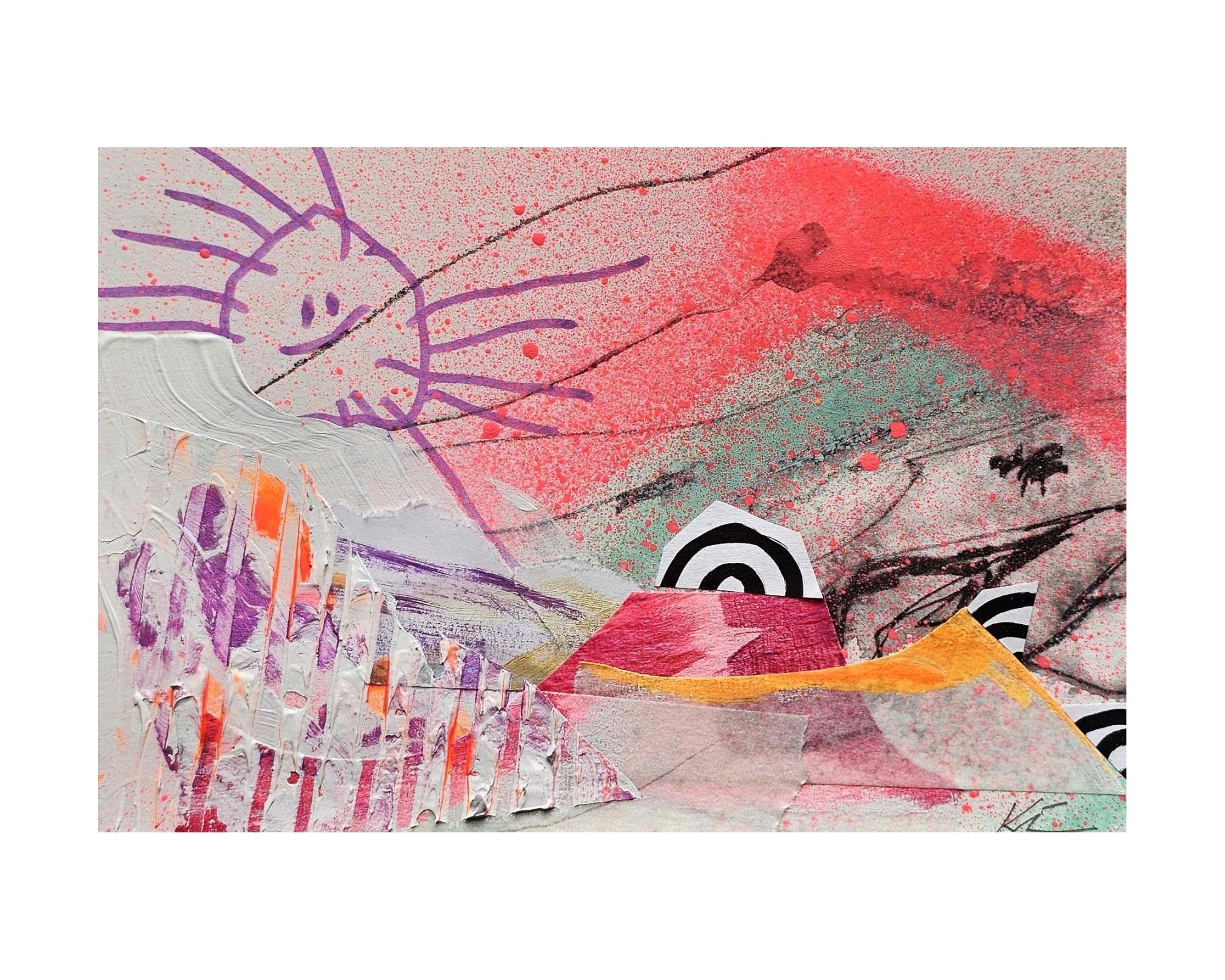 Peinture acrylique et aérosol sur carton : une miniature évoquant un paysage enfantin, dominé par des teintes roses.