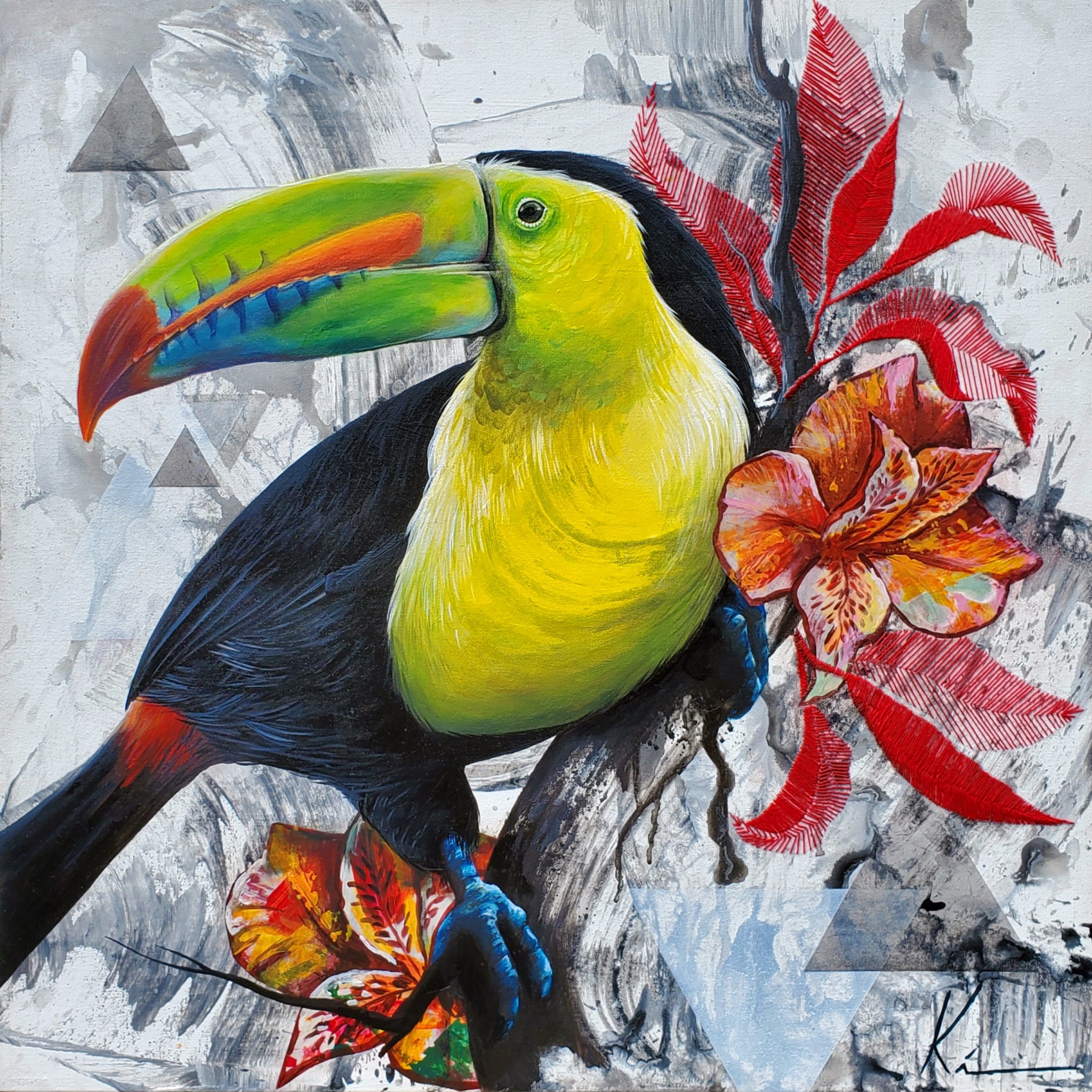 Toucan et fleurs tropicales ki artiste peintre karine chartrand