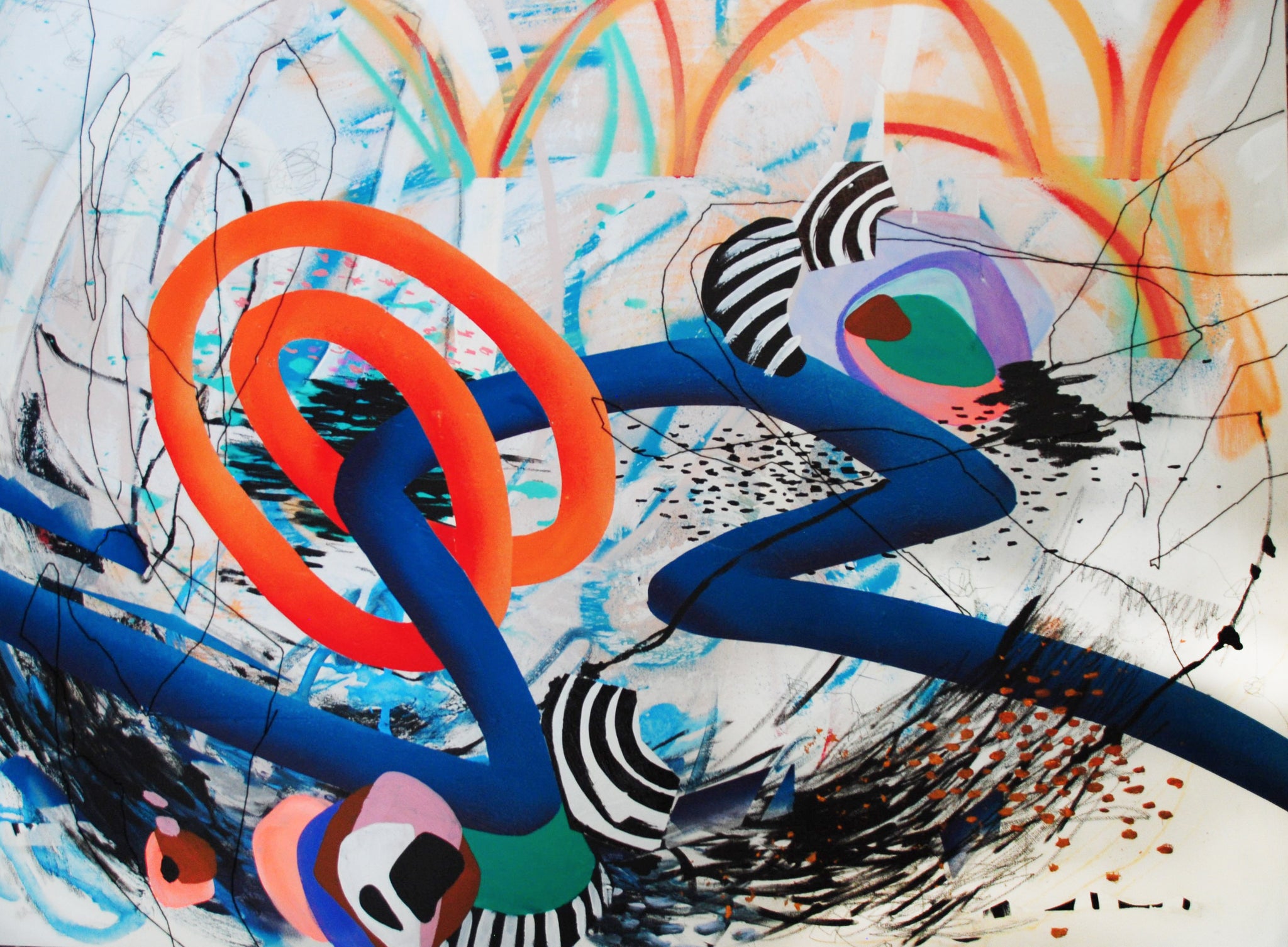 abstraction ligne bleue et orange ki artiste peintre