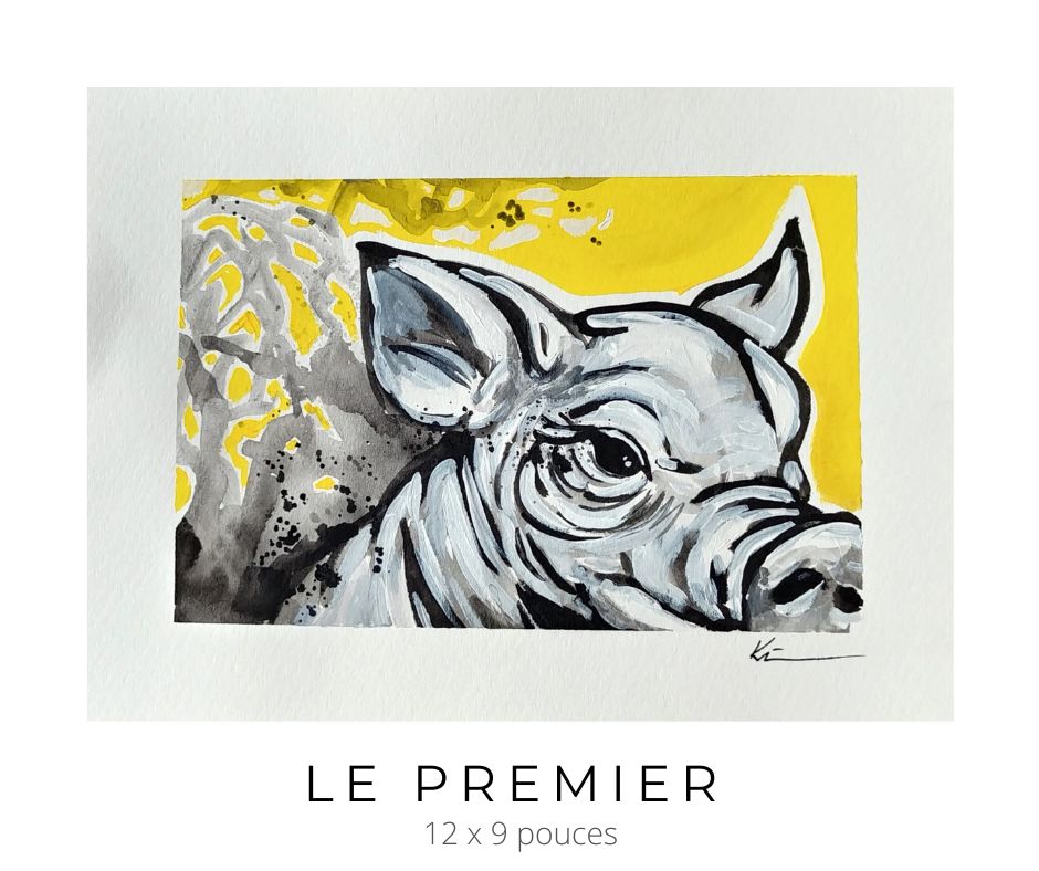 Cochon peint à l'acrylique sur un fond jaune