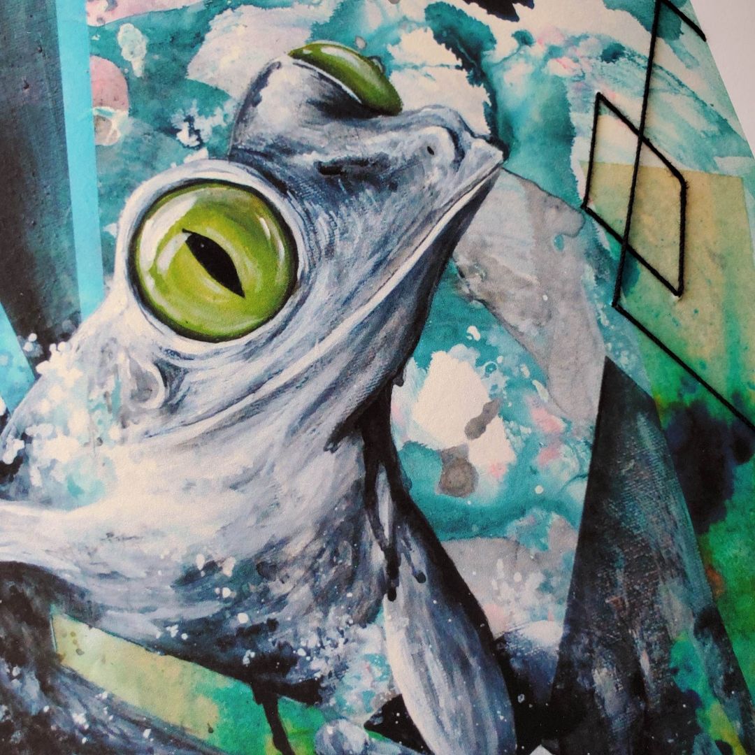 Gros plan d'une grenouille grise au yeux vert sur fond de  taches bleues.