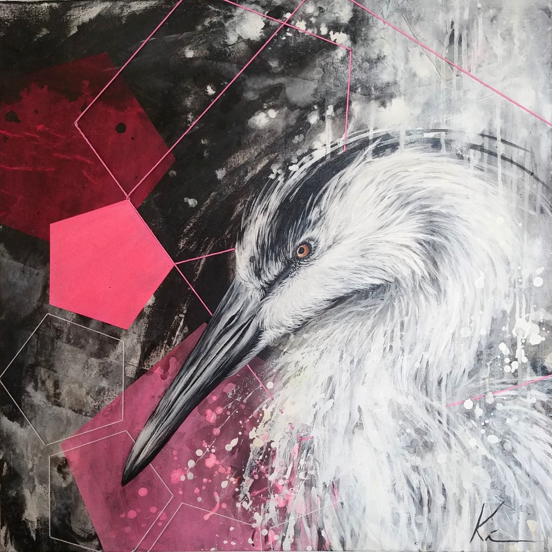 Héron majestueux peint à l'acrylique sur fond abstrait noir, entouré de pentagones roses.